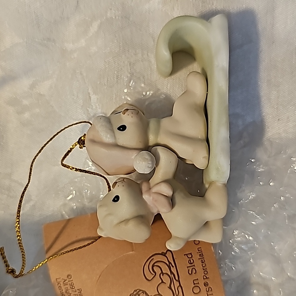 Precious Moments PUPPIES ON A SLED Porcelain Christmas Ornament 1997 #272892 - Picture 1 of 5